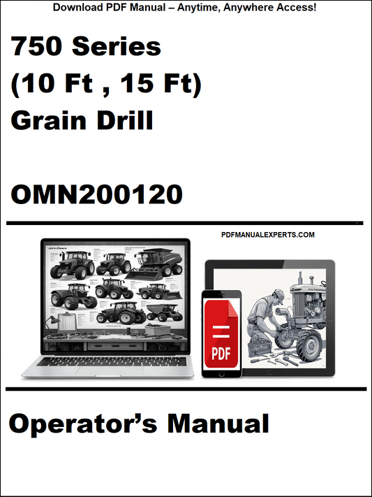 Operator's manual for 750 Series grain drill with laptop and tractor images on a white background