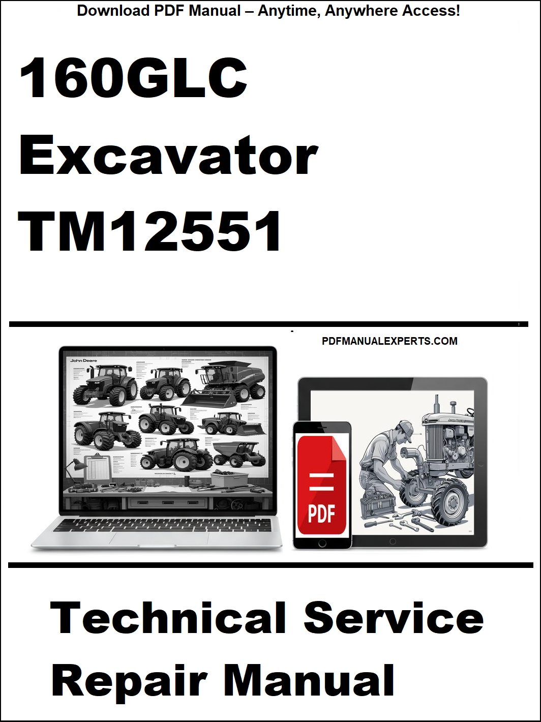 Cover of a technical service repair manual for a 160GLC excavator with a laptop and smartphone graphic.