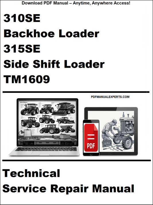 Technical service repair manual for John Deere 310SE, 315SE backhoe loaders and side shift loader TM1609 on a white background.