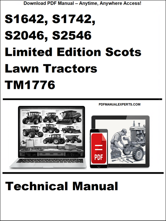 Cover of a technical manual for Limited Edition Scots Lawn Tractors with laptop and toolbox graphics.