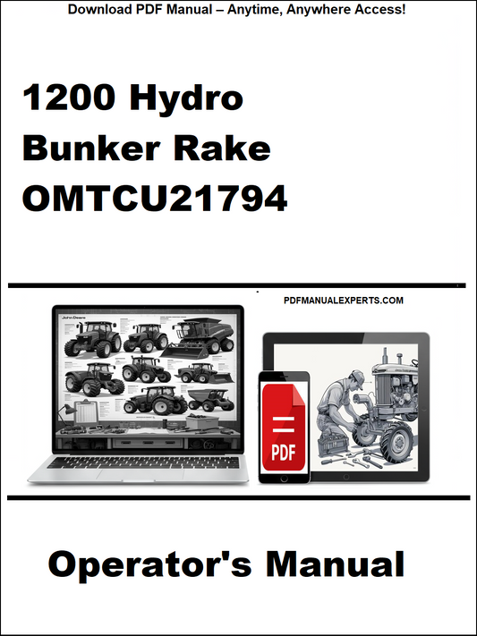 Operator's manual for 1200 Hydro Bunker Rake OMTCU21794 on a white background with laptop and truck images.