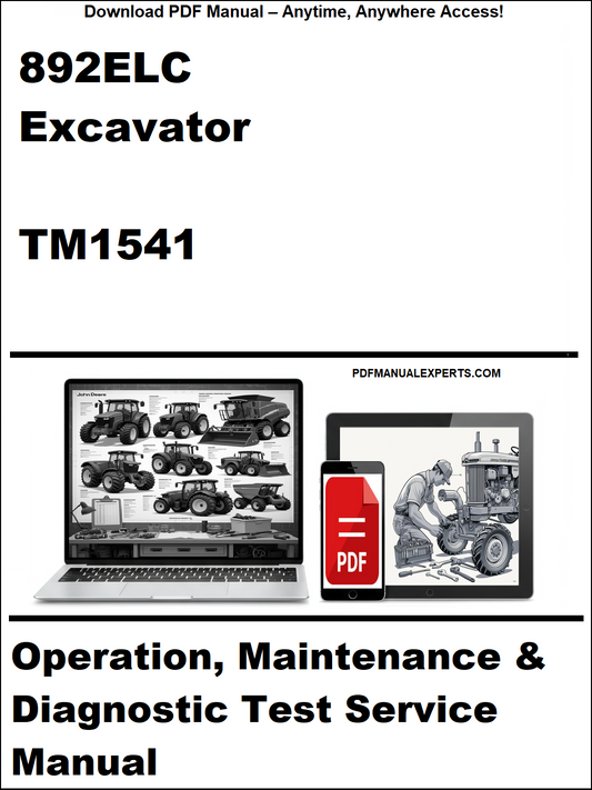 Cover of a technical manual for 892ELC Excavator TM1541 with images of a laptop and smartphone displaying the manual.