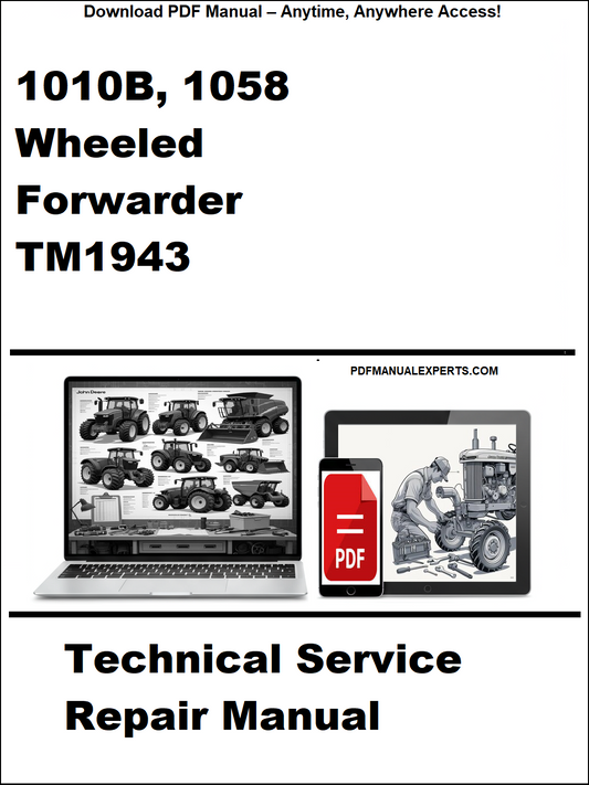 Advertisement for a technical service repair manual on a wheeled forwarder with a laptop and toolbox graphic.