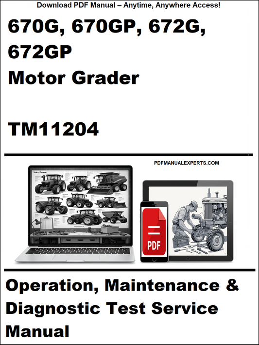 Cover of a manual for john deere motor grader models 670G, 670GP, 672G, 672GP with a laptop and toolbox graphic.