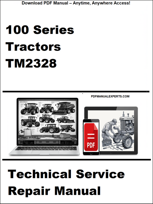 Cover of a technical service repair manual for 100 Series Tractors TM2328 with images of a tractor and a laptop.