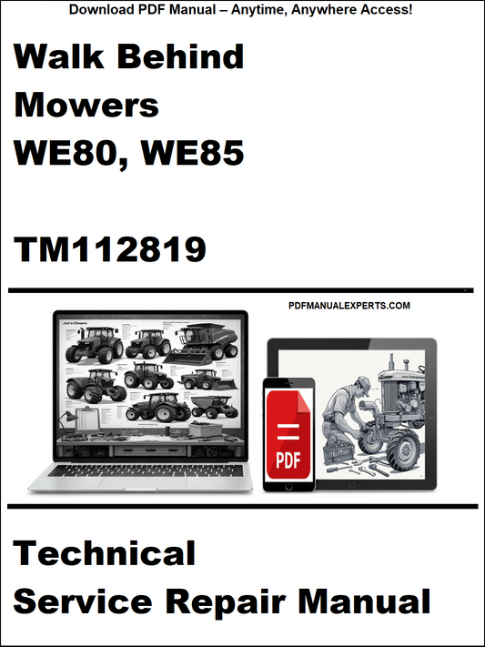 Technical service repair manual for walk behind mowers WE80, WE85 with PDF icon and laptop display.