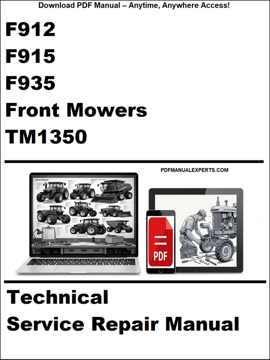 Technical service repair manual for front mowers with a laptop and toolbox graphic on a white background.