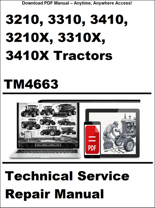 Technical service repair manual for John Deere tractors with a laptop and smartphone icon on a white background.