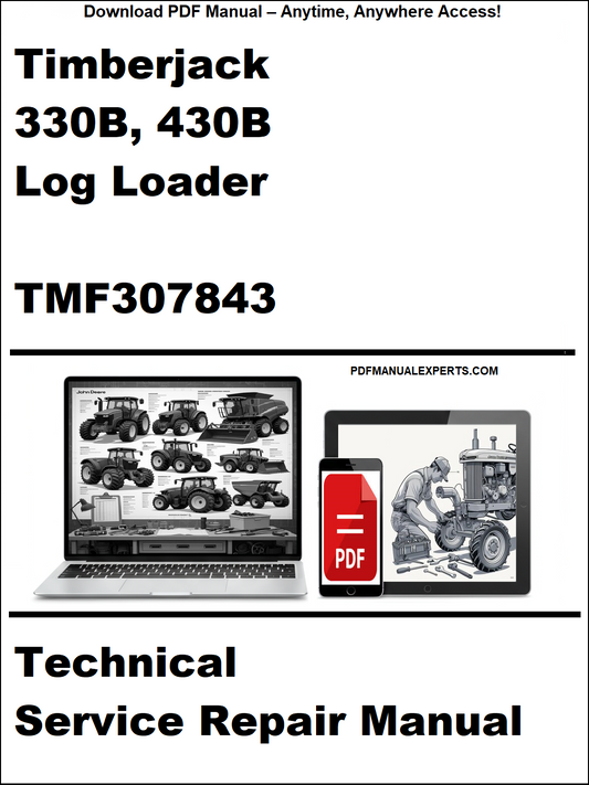 Cover of a technical service repair manual for Timberjack 330B, 430B log loader with a laptop and toolbox graphic.