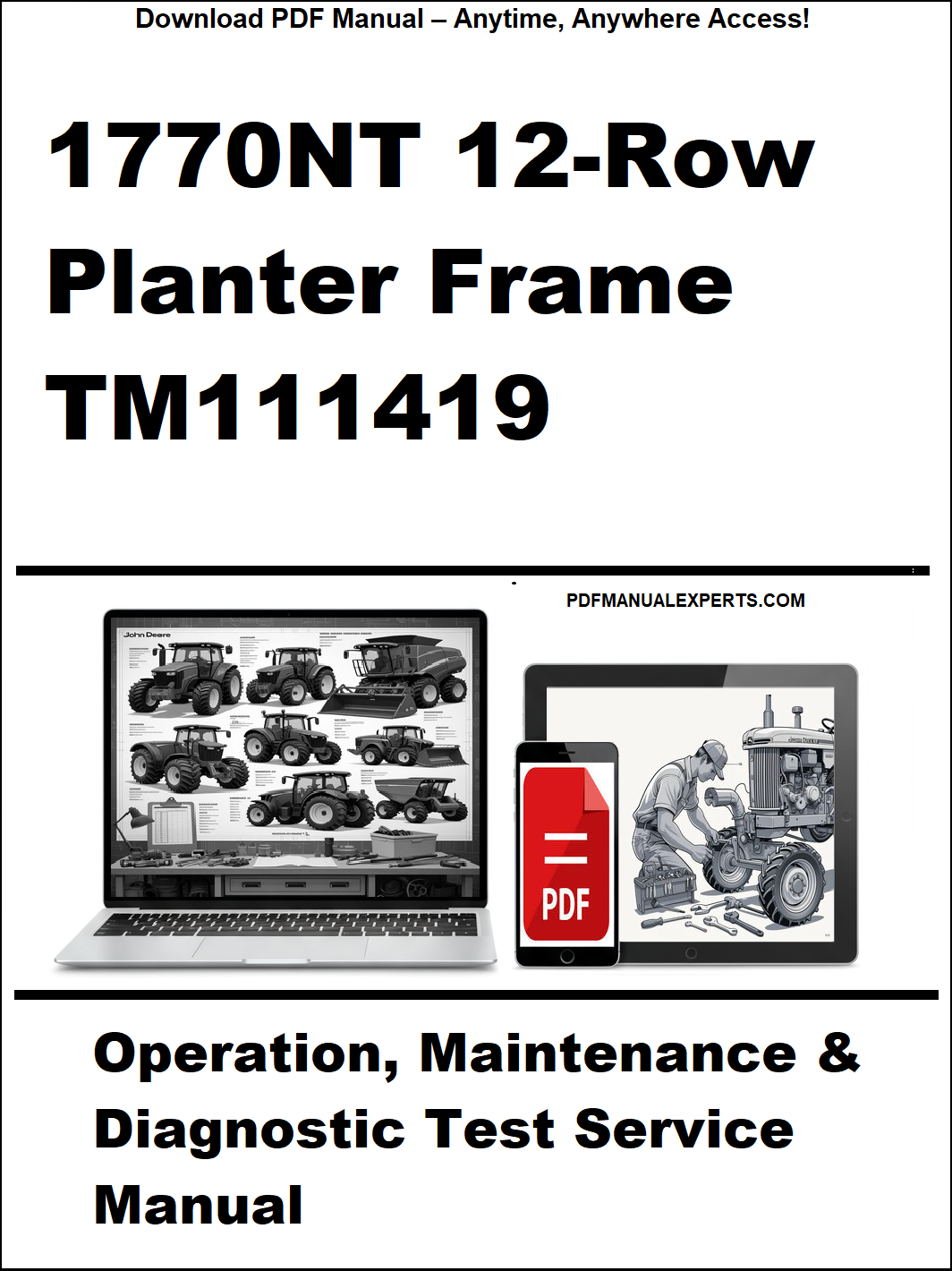 Manual cover for 1770NT 12-Row Planter Frame TM111419 with laptop and toolbox graphic.