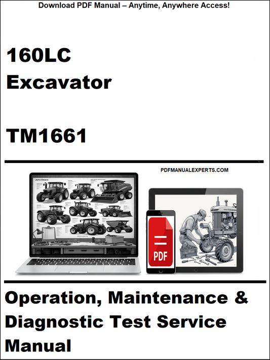 Cover of a manual for a 160LC Excavator with a laptop and diagnostic tool illustration.