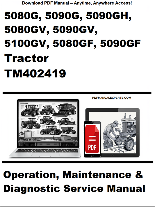 Advertisement for a tractor manual with laptop and toolbox graphics on a white background