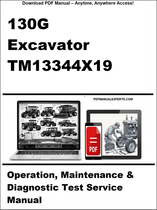 Cover of a service manual for a 130G excavator with a laptop and smartphone icon.