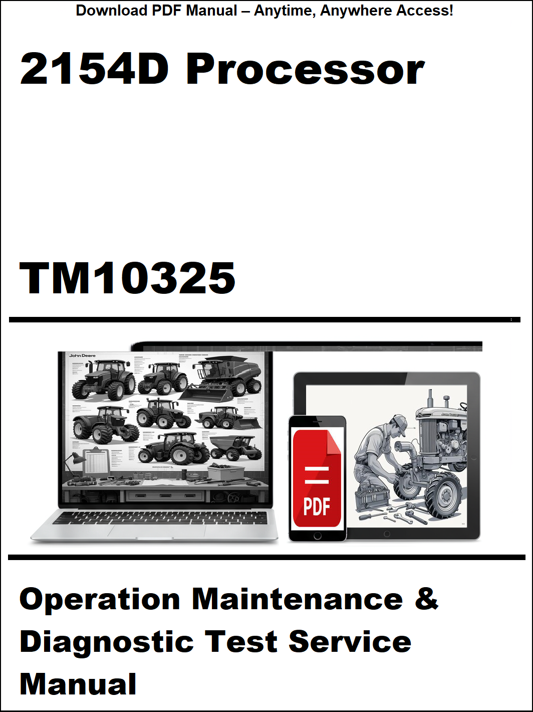Manual cover for 2154D Processor Operation Maintenance & Diagnostic Test Service Manual with laptop and tractor images.