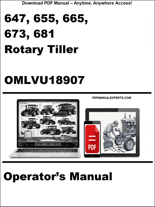 Cover of a rotary tiller operator's manual with laptop and toolbox graphics on a white background.
