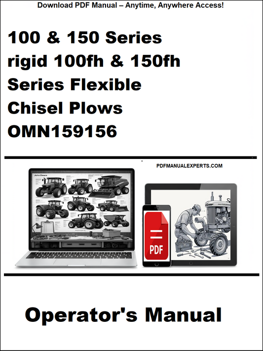 Operator's manual for 100 & 150 Series rigid and flexible chisel plows with a laptop and toolbox graphic.