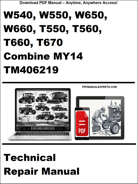 Technical repair manual for John Deere combines with a laptop and toolbox graphic on a white background.