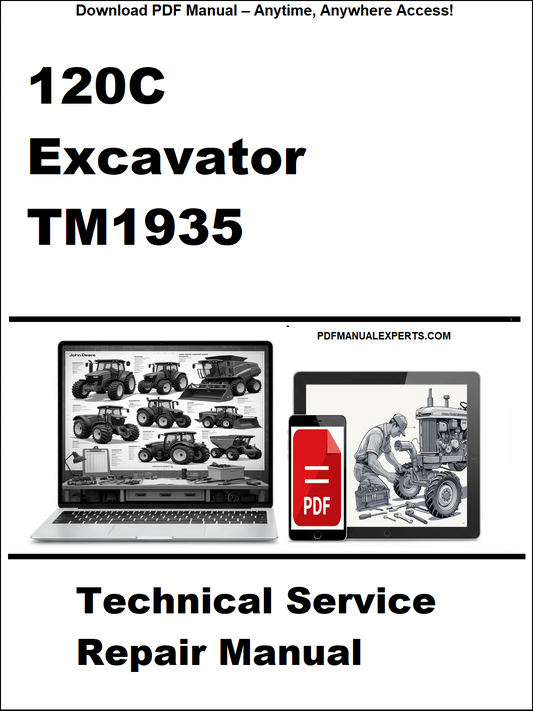 Advertisement for a technical service repair manual for a 120C excavator, featuring a laptop and smartphone with icons.