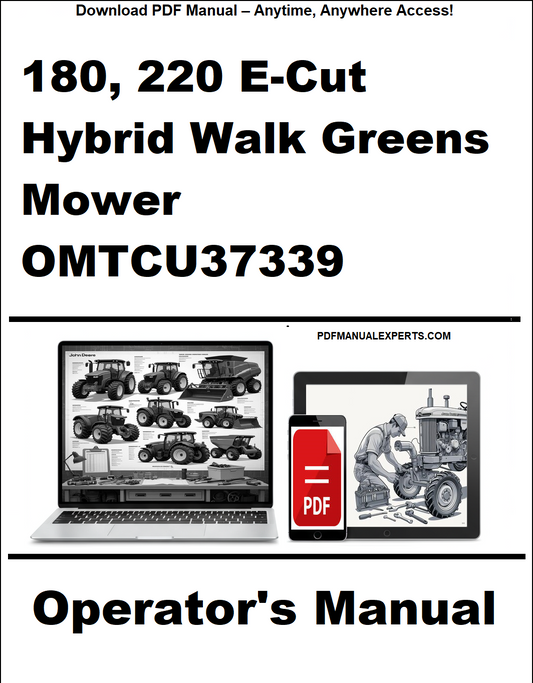 Operator's manual for 180, 220 E-Cut Hybrid Walk Greens Mower OMTCU37339 on a white background