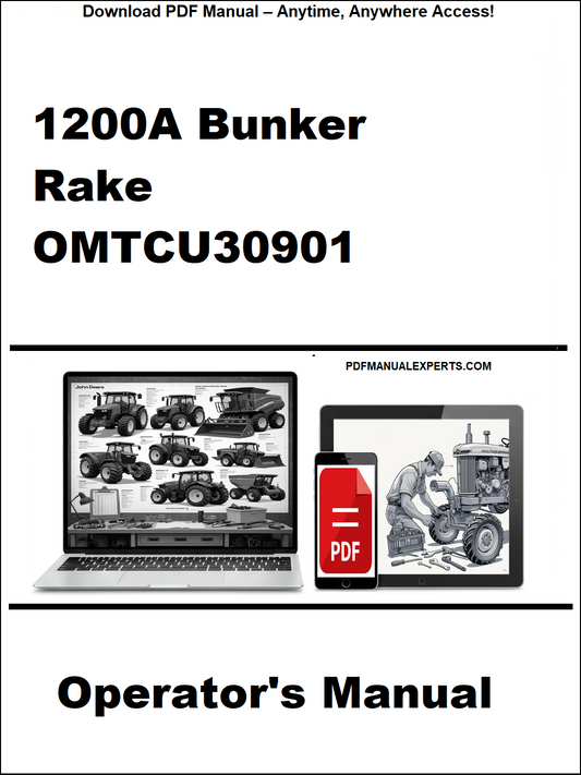 Advertisement for 1200A Bunker Rake OMTCU30901 operator's manual with laptop and toolbox graphic.