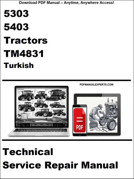 Technical service repair manual for 5303, 5403 tractors with a laptop and toolbox graphic on a white background.