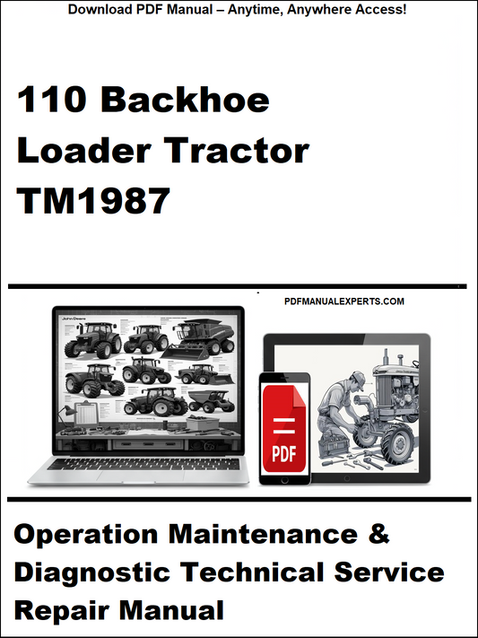 Cover of a technical service manual for a backhoe loader tractor with a laptop and diagnostic tools graphic.