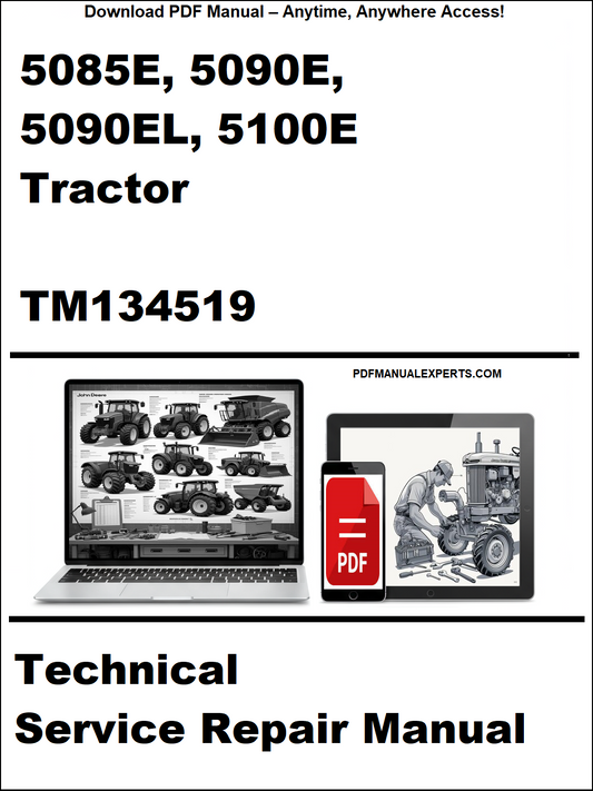 Advertisement for a technical service repair manual for John Deere tractors on a white background.