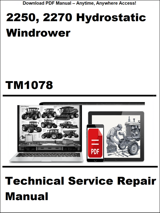 Technical service repair manual for 2250 and 2270 hydrostatic windrower with laptop and tractor illustration on a white background.