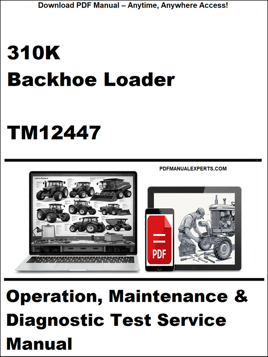 Cover of a backhoe loader service manual with laptop and toolbox graphics.