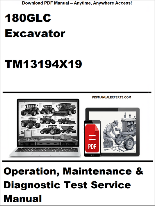 Cover of a service manual for a 180GLC Excavator with digital device and laptop icons.