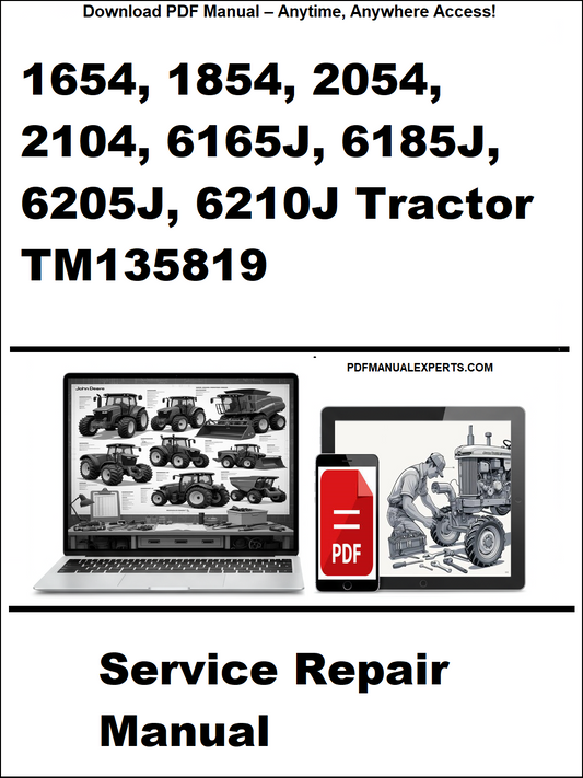 Service repair manual for John Deere tractors with laptop and toolbox graphic on a white background