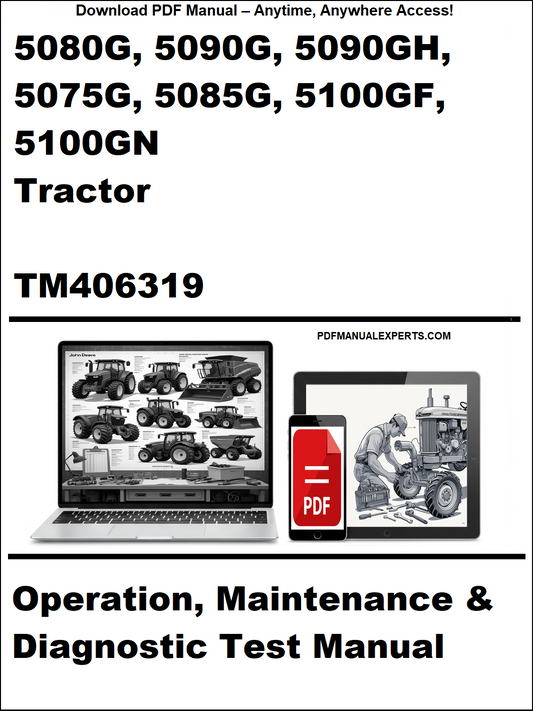 Manual cover for John Deere tractors with laptop and tractor illustrations.