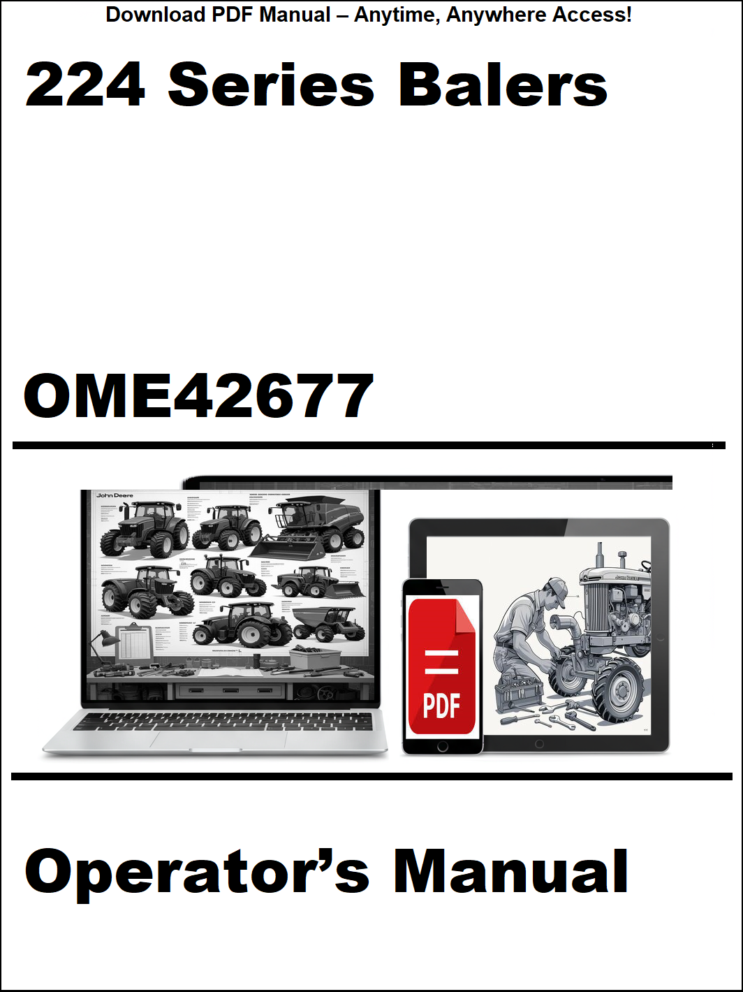 Operator's manual for 224 Series Balers with a laptop and smartphone icon on a white background.