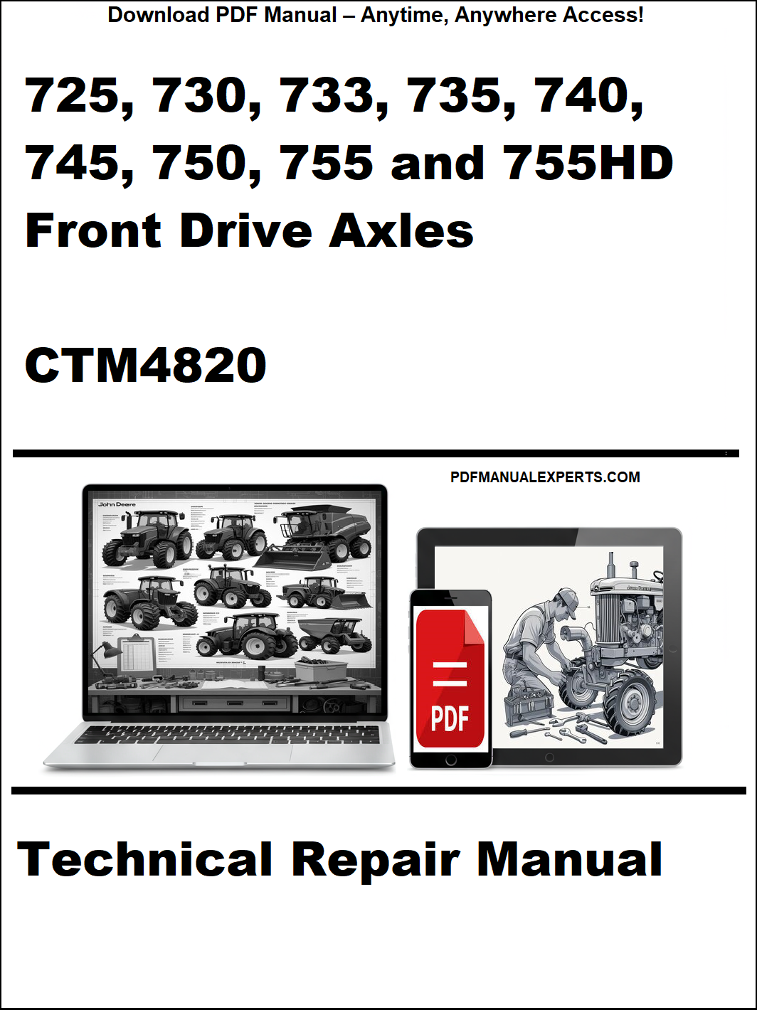 Cover of a technical repair manual for front drive axles with a laptop and toolbox graphic.