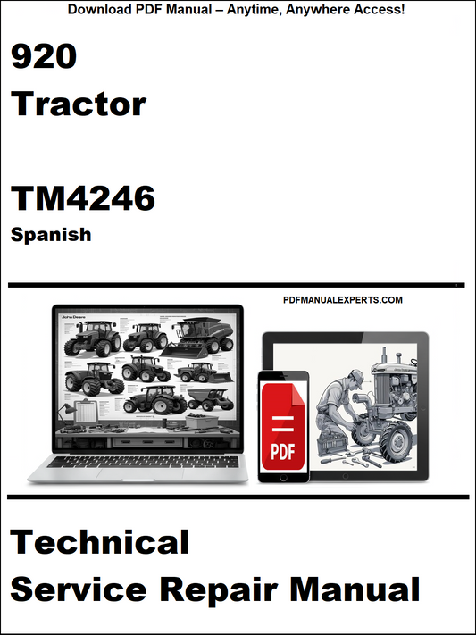 Technical service repair manual for John Deere 920 tractor in Spanish, displayed on a white background with laptop and tablet icons.