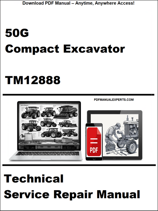 Cover of a technical service repair manual for a 50G compact excavator, featuring a laptop and smartphone with a PDF icon.
