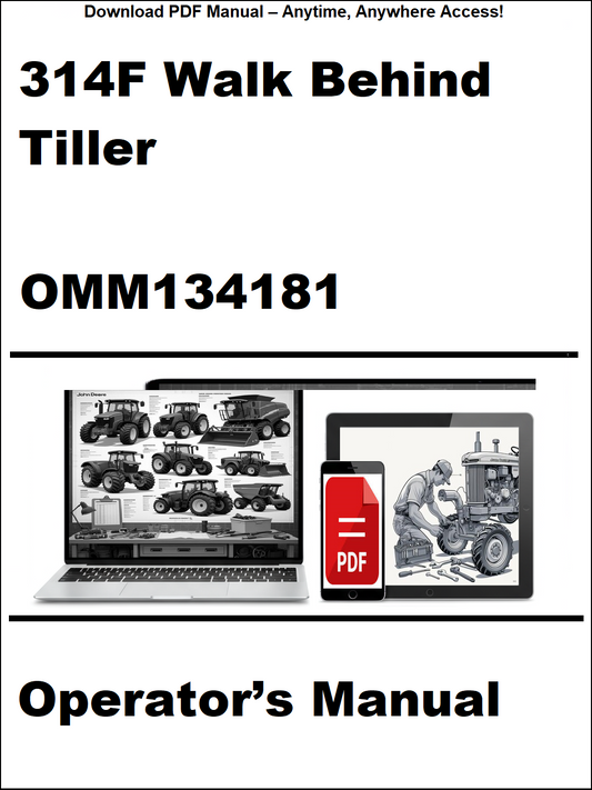 Operator's manual for 314F Walk Behind Tiller with digital download icon on a white background