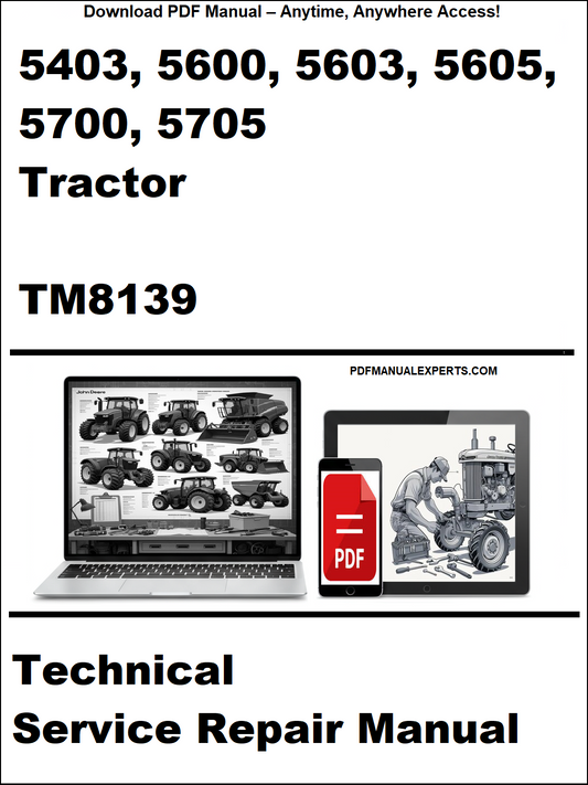 Advertisement for a technical service repair manual for tractors, featuring images of a laptop and tablet with tractor illustrations.