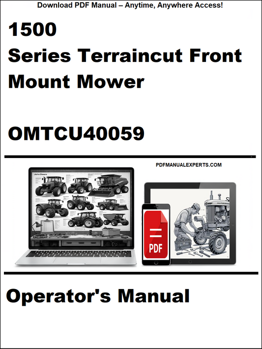 Cover of the 1500 Series Terraincut Front Mount Mower Operator's Manual with a laptop and smartphone displaying the manual.