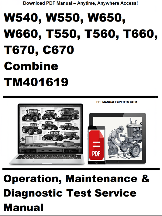 Cover of a manual for John Deere combine tractors with text and images of tractors on a white background.