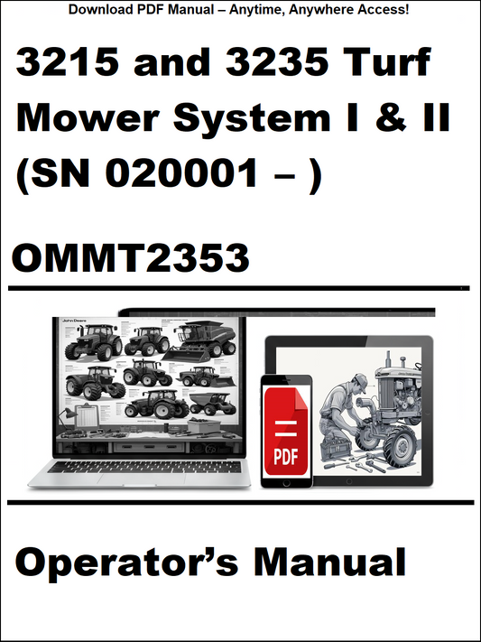 Operator's manual for 3215 and 3235 Turf Mower System I & II with a laptop and smartphone icon.