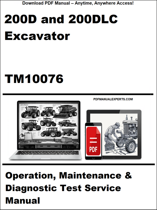 Manual cover for 200D and 200DLC Excavator TM10076 with technical illustrations and text.