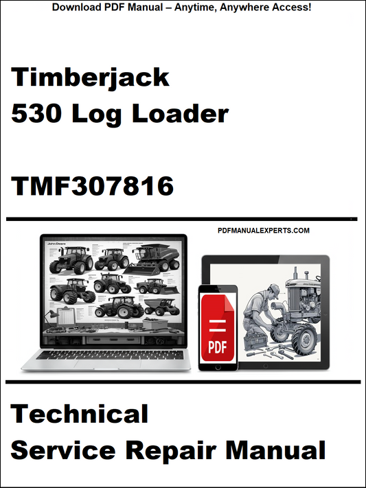 Cover of Timberjack 530 Log Loader TMF307816 Technical Service Repair Manual with laptop and toolbox graphic.