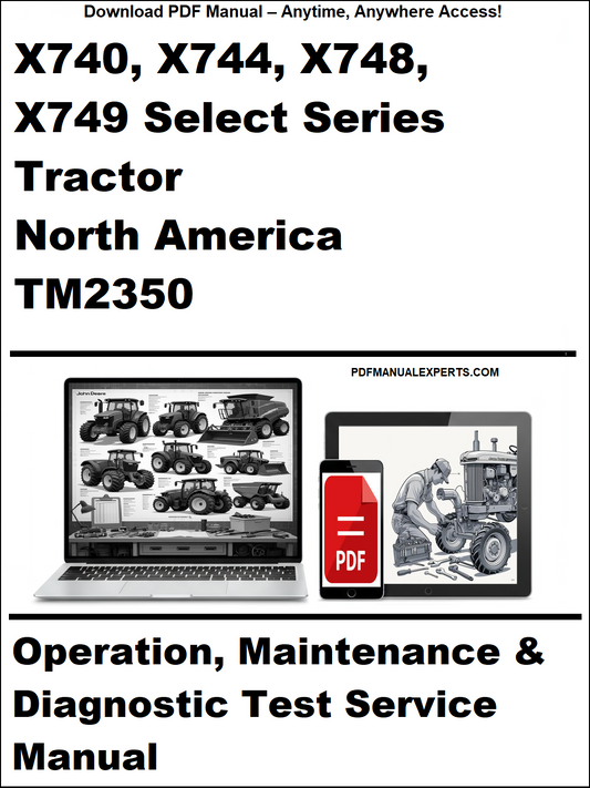 Manual cover for X740, X744, X748, X749 Select Series Tractor North America TM2350 with laptop and tractor images.