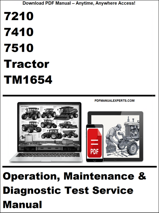 Advertisement for tractor manual with laptop and toolbox graphic on a white background