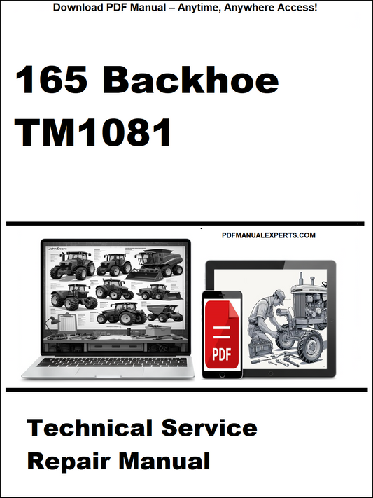 Technical service repair manual for 165 Backhoe TM1081 on a white background with laptop and smartphone icons.