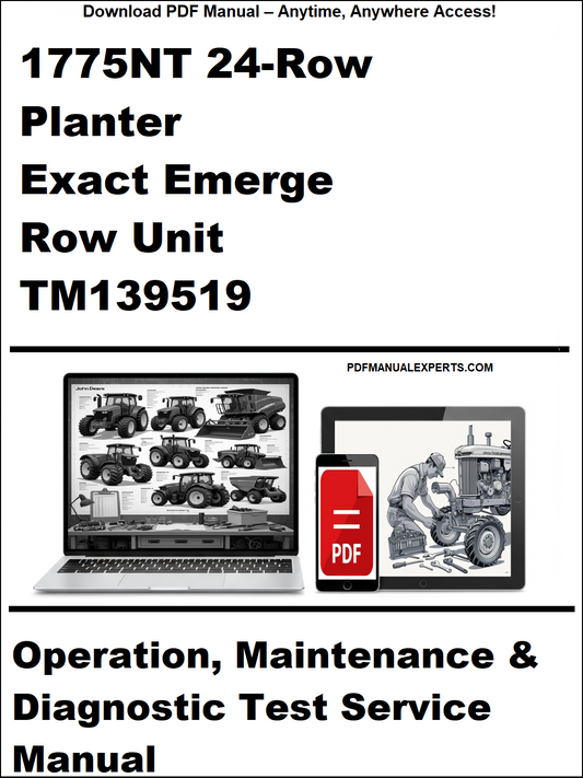 Manual cover for 1775NT 24-Row Planter Exact Emerge Row Unit TM139519 with laptop and toolbox icons.