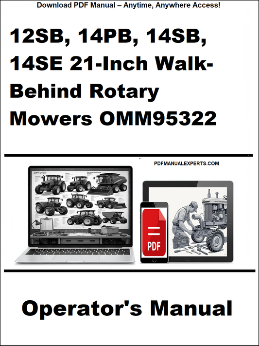 Operator's manual cover for 12SB, 14PB, 14SB, 14SE 21-Inch Walk-Behind Rotary Mowers OMM95322 with laptop and smartphone icons.