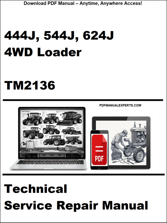 Technical service repair manual for 444J, 544J, 624J 4WD loaders with a laptop and toolbox graphic on a white background.