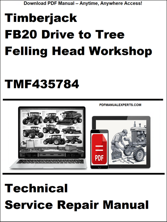 Cover of Timberjack FB20 Drive to Tree Felling Head Workshop TMF435784 technical service repair manual with a laptop and toolbox graphic.